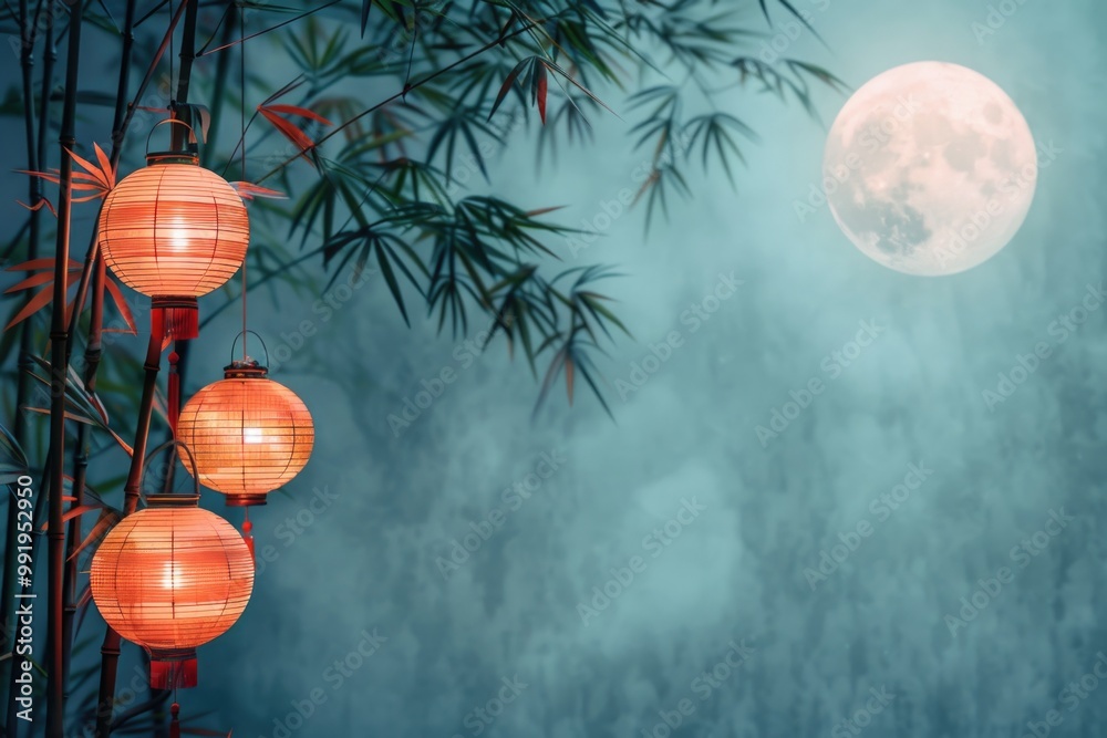 Poster three red lanterns hang from a bamboo tree under a bright full moon