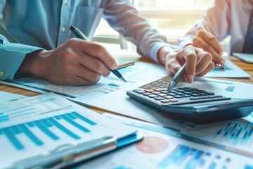 Fototapeta premium Two businesspeople analyzing financial documents and using a calculator for calculations