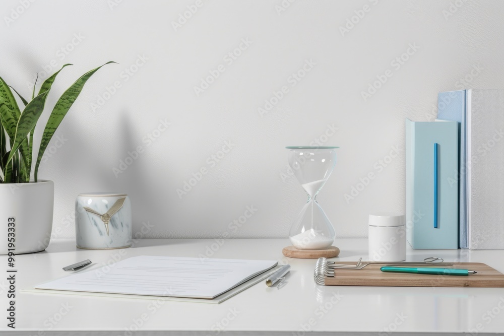 Poster A table setup for writing or studying with a notebook, pen, and hourglass