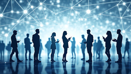 Silhouettes of Individuals with Network Connections and Bright Light Spots