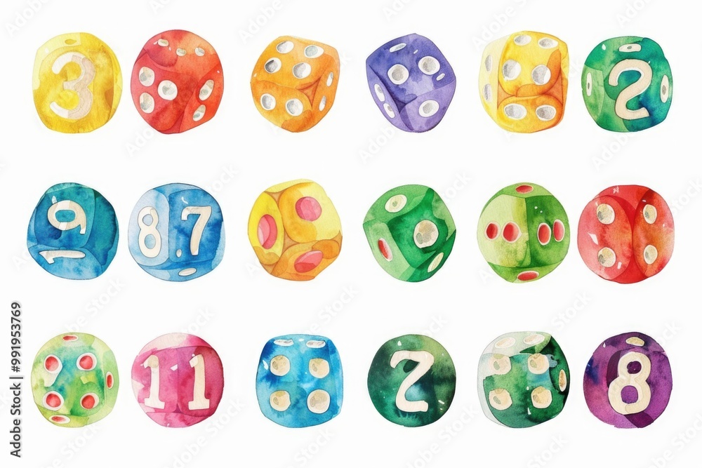 Poster A set of colorful dice with numbers painted on them