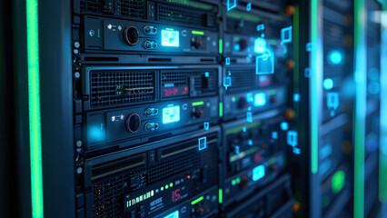 Naklejka premium Server Rack with Padlock Symbol Indicating Data Security