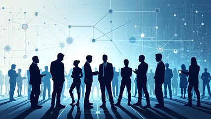 Silhouettes of Individuals with Network Connections and Bright Light Spots