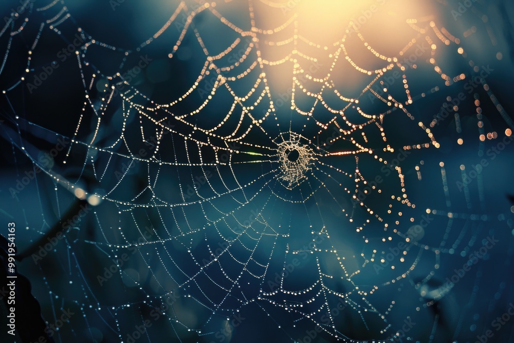Poster a close-up of a spider web covered in tiny water droplets