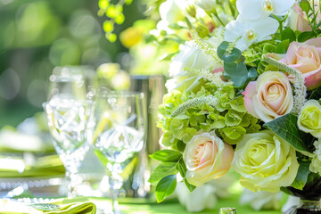 A table with a vase of flowers and two wine glasses