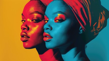 Two people wearing vibrant makeup and head wraps, likely for a performance or cultural celebration