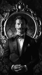 Bold High-Contrast Black and White Portrait of a Man in a Tuxedo with a Sculpted Mustache