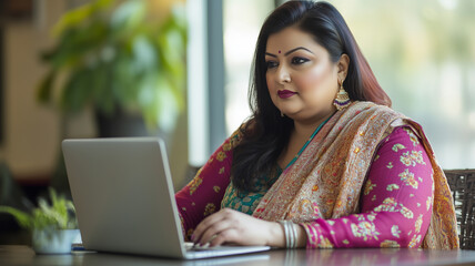 Plus size indian businesswoman in an office, working at laptop. Indian manager in her office, using a computer. modern office environment , business related banner. Heavy weight businesswoman body inc