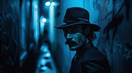 Cinematic Detective in Alleyway at Night - Mysterious Mood, Stylish Fedora, Deep Shadows for Posters