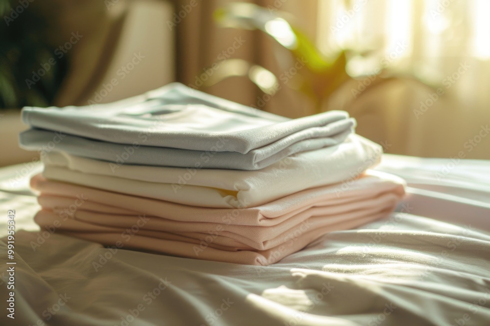 Aufkleber a stack of folded towels resting on the edge of a bed