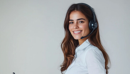 Call center person with confident smile and headphones, light white background