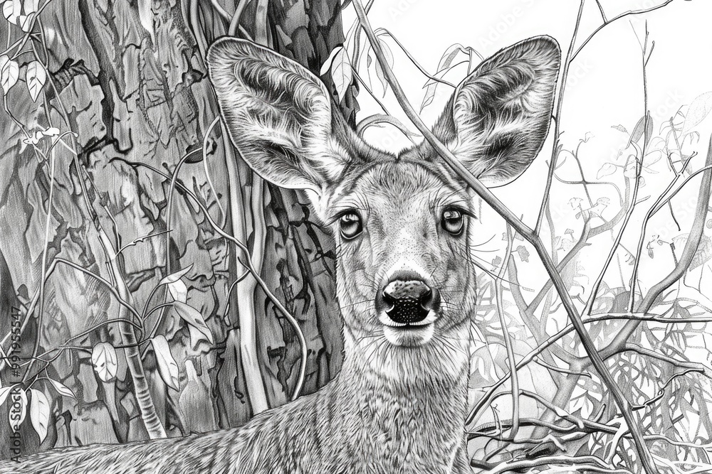 Poster a black and white drawing of a deer in its natural habitat, great for using as a simple illustration