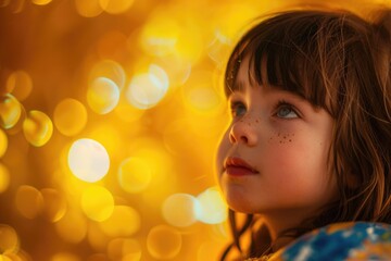 A young girl looks up at the clouds and sunshine, lost in thought