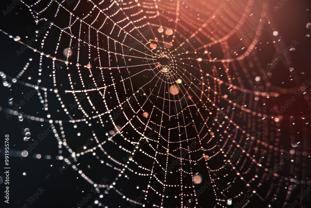 Poster a close-up of a spider web covered in water droplets, great for backgrounds or textures