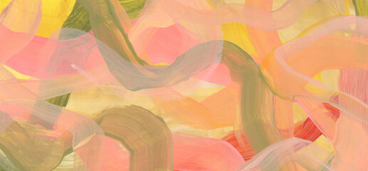 Art Watercolor and Acrylic brushstroke smear blot painting wall. Abstract waves texture yellow, brown, orange color stain geometric background.