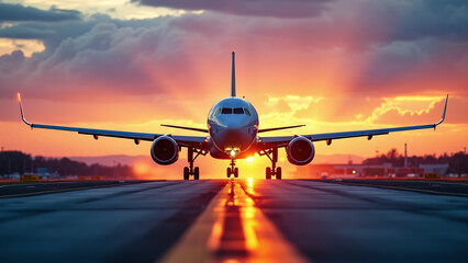 Airplane Landing at Sunset with Silhouette Effect