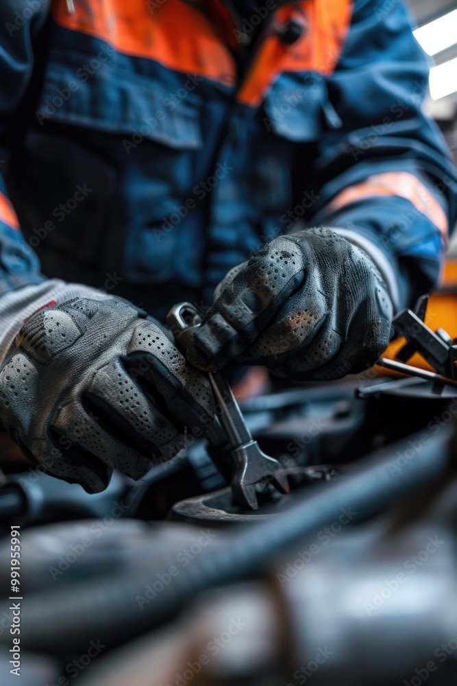 Aufkleber a mechanic is working on a car in a garage, with tools and parts scattered around