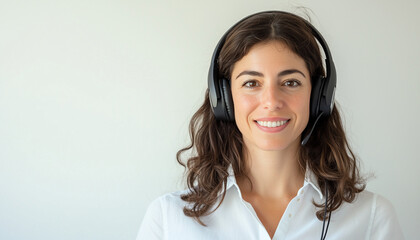 Call center person with confident smile and headphones, light white background