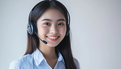 Call center person with confident smile and headphones, light white background