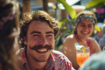 Joyful Gathering at Outdoor Cafe - Modern Summer Socializing with Friends and Colorful Drinks