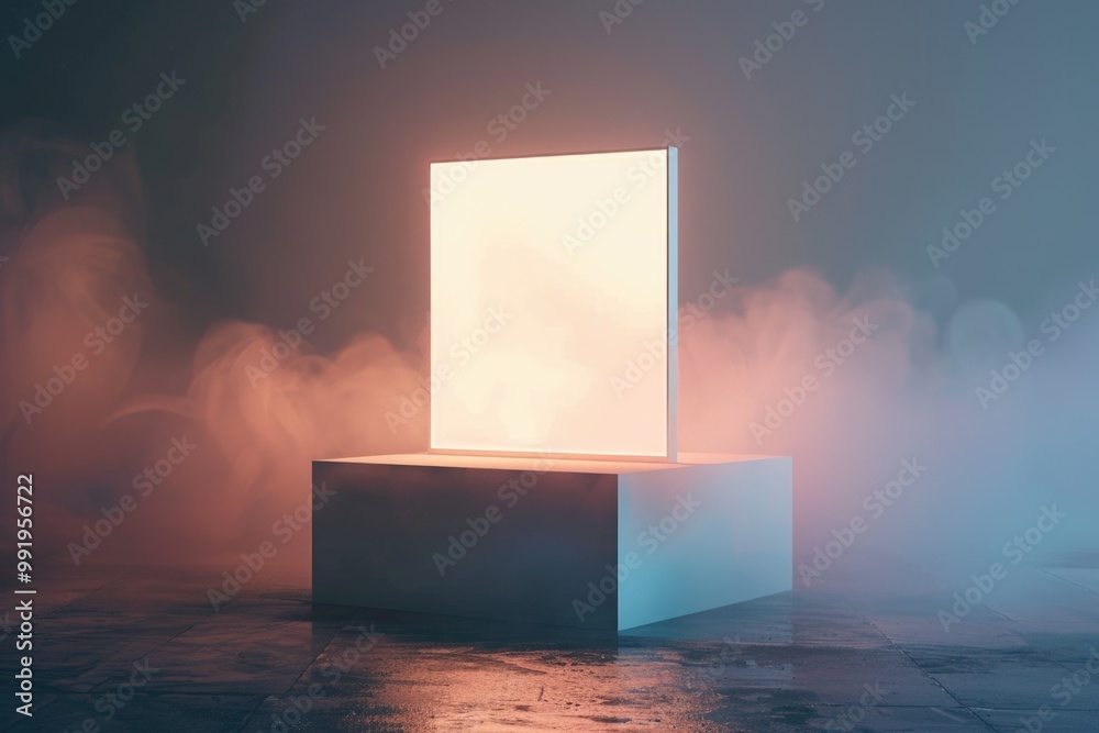 Poster An empty white box with a light emitting from within, suitable for use in designs related to technology, innovation, or creativity