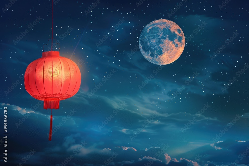Aufkleber A red lantern hangs from a string against the backdrop of a full moon, providing a warm glow