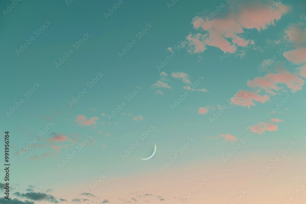 Poster aerial view of a plane soaring through the clouds under a bright full moon