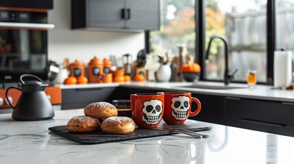 Modern Kitchen Counter with Pan de Muerto and Coffee Mugs - Perfect for Social Media Lifestyle Posts**