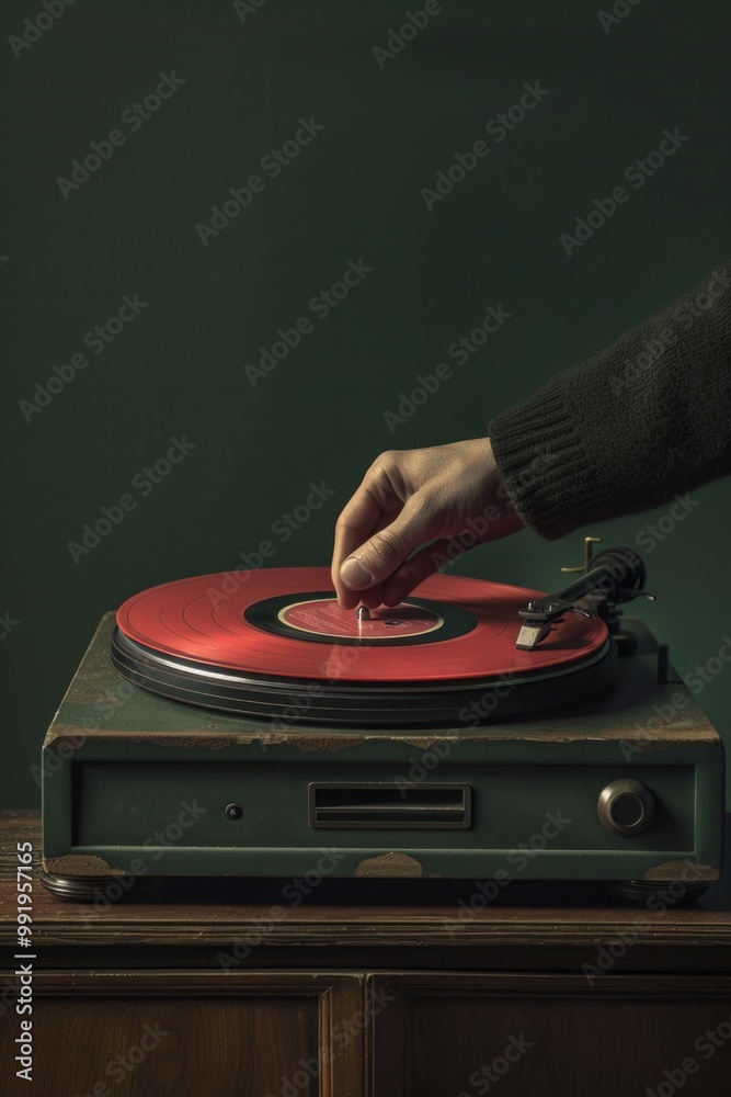 Aufkleber a person holds a red record on top of a wooden table, with a simple and rustic background
