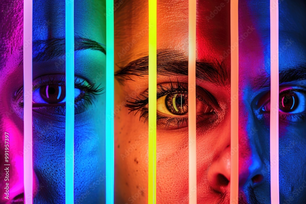 Poster a close-up shot of a person's face with intricate, multi-colored lines
