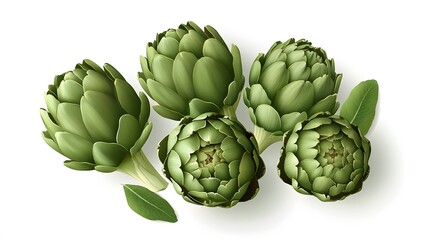 Obraz premium Realistic arrangement of whole artichokes on a white background, showcasing their layered, green leaves and rounded shape