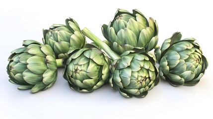 Obraz premium Realistic arrangement of whole artichokes on a white background, showcasing their layered, green leaves and rounded shape