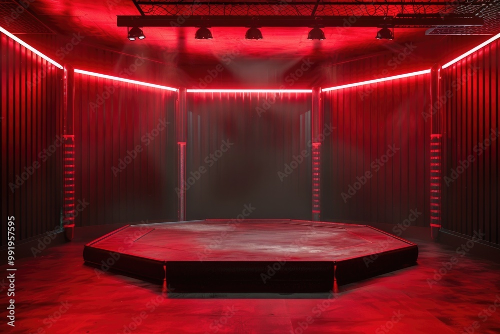 Poster a stage lit up by bright red lights with red curtains in the background