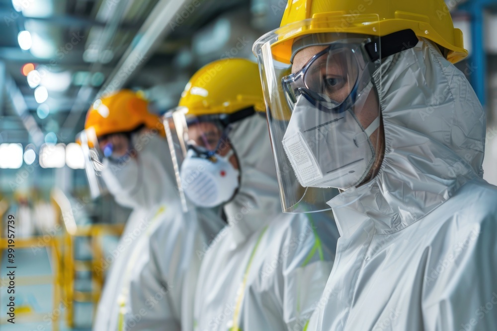 Aufkleber workers in a factory setting wear protective gear as they work on various machinery and equipment