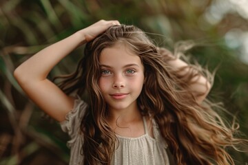 Fototapeta premium A young girl with long brown hair posing for a photo