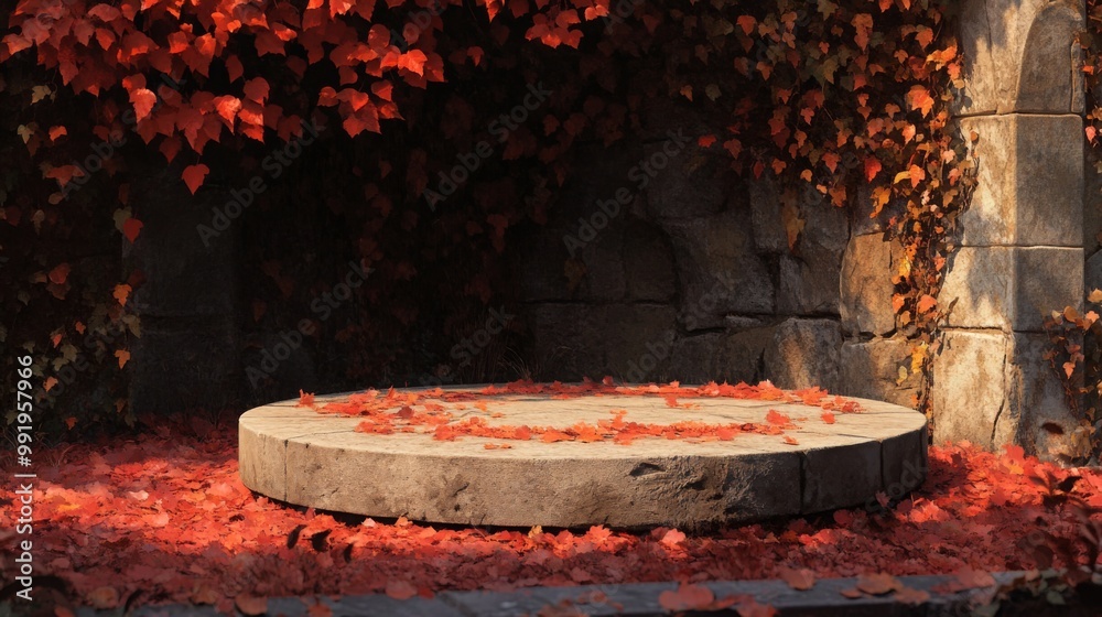 Aufkleber a circular stone platform is covered with colorful autumn leaves, set against a backdrop of weathere