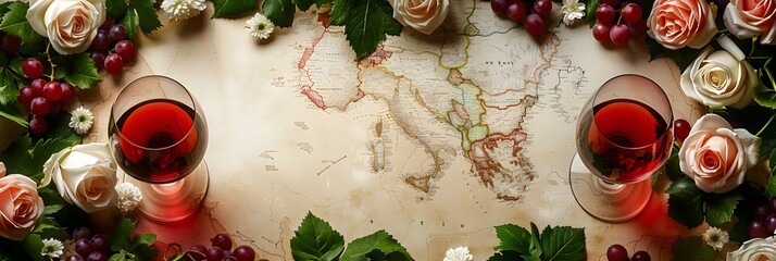 Glasses of wine with roses and grape on vintage map background. Flat lay, top view. Wine tasting and gourmet event. Travel and tourism concept. Banner with copy space