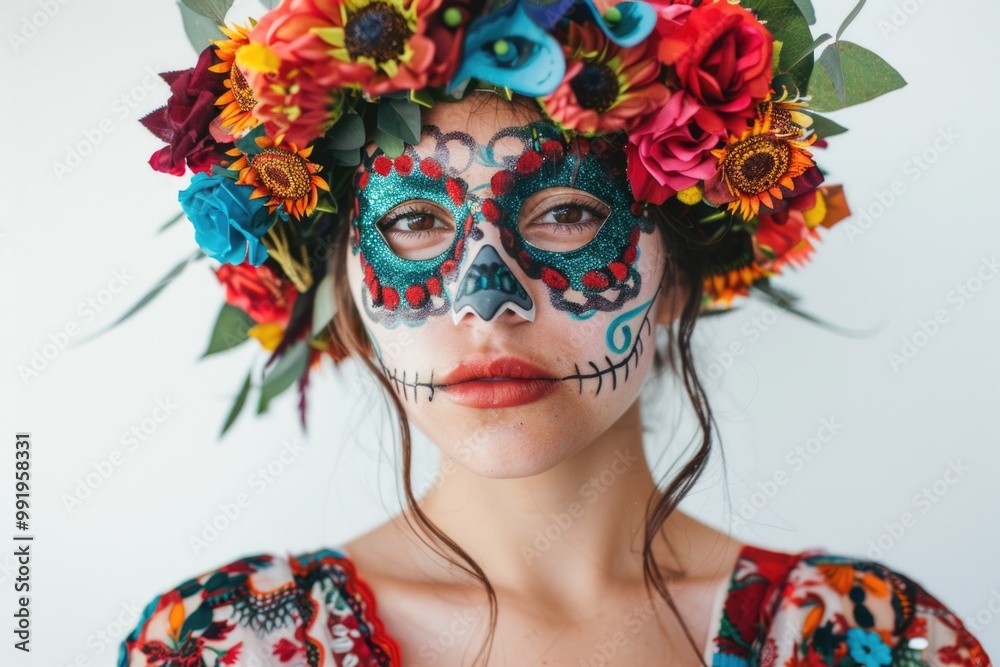 Poster A portrait of a young woman wearing a floral crown on her head, looking relaxed and natural