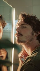 Fototapeta premium Focused Man Shaping Mustache in Minimalist Bathroom - Self Care and Grooming Routine