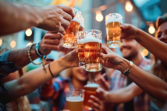 A group of friends or colleagues raising their beers in a toast, perfect for capturing happy moments at social gatherings, parties, or corporate events