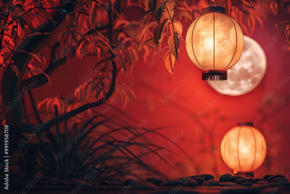 Poster Two lanterns suspended from a tree branch, providing soft light