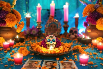 Fototapeta premium A colorful Day of the Dead altar decorated with candles, flowers, and other symbols