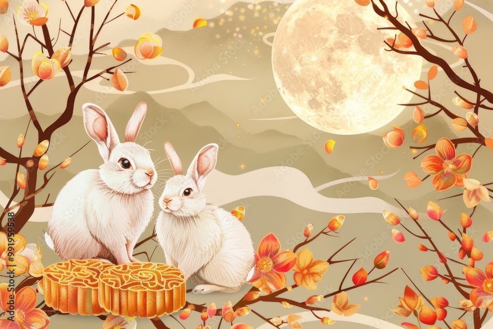 Poster two rabbits sitting on a tree branch, overlooking the moon