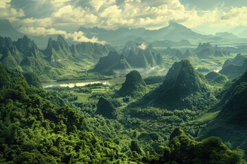 Mountainous valley scene with peaks in the distance, suitable for use as a travel or nature image