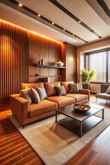 Fototapeta premium Stylish modern living room with leather sofa, decorative pillows, and warm lighting 