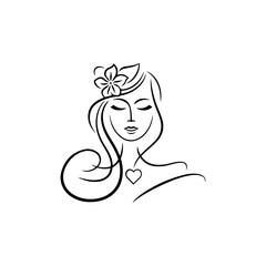 Vector pretty girl and flowers logo feminine and floral design, beautiful girl line art logo design