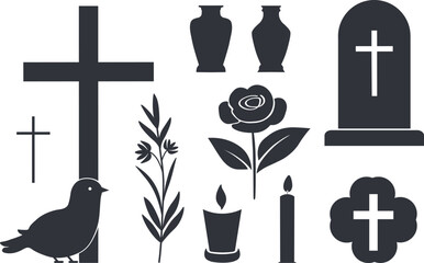 Funeral icons. Silhouette illustration with Cross, dove, flower, bird,urn for ashes and cremation, candles, tombstone, monument. Design elements for Morning wishes, condolence