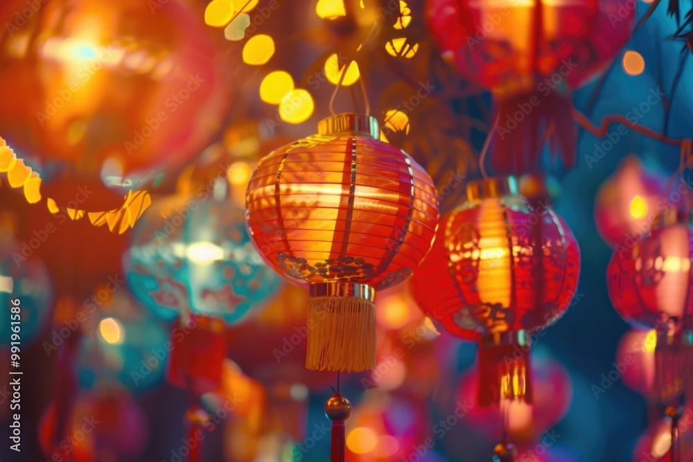 Poster a string of red lanterns suspended from a tree branch, perfect for outdoor events or festive decorat