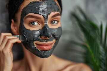 Close-up of a smiling woman applying an activated charcoal face mask against a gray backdrop