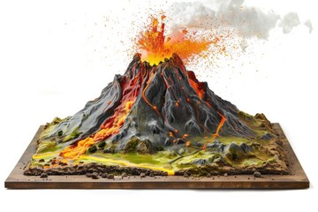 A volcano erupts, spewing out hot lava, with fiery molten rock flowing down its slopes